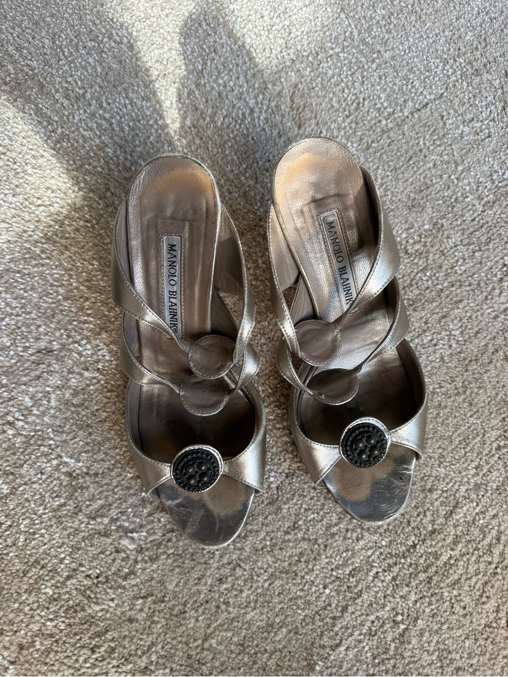 Vintage Manolo Blahnik Metallic Silver Embelished Sandal Heels - Picture 2 of 6